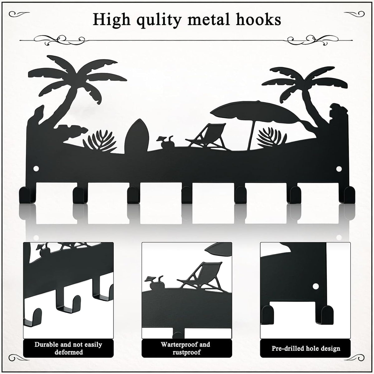 Coastal Metal Palm Tree Key Holder Wall Mount, Tropical Beach Key Hanger