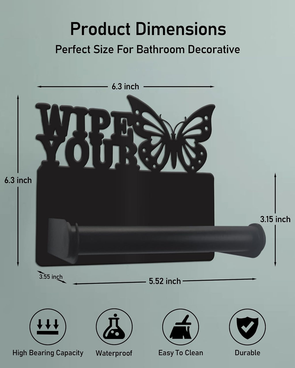 Butterfly Toilet Paper Holder Wall Mounted, Bathroom Decorative Metal Toilet Paper Mega Roll Holder, Rustproof Matte Black Toilet Paper Roll Dispenser for Kitchen Washroom