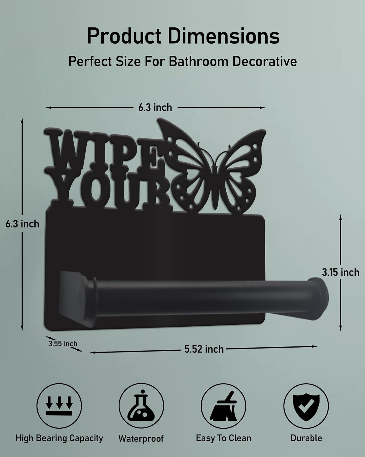 Butterfly Toilet Paper Holder Wall Mounted, Bathroom Decorative Metal Toilet Paper Mega Roll Holder, Rustproof Matte Black Toilet Paper Roll Dispenser for Kitchen Washroom