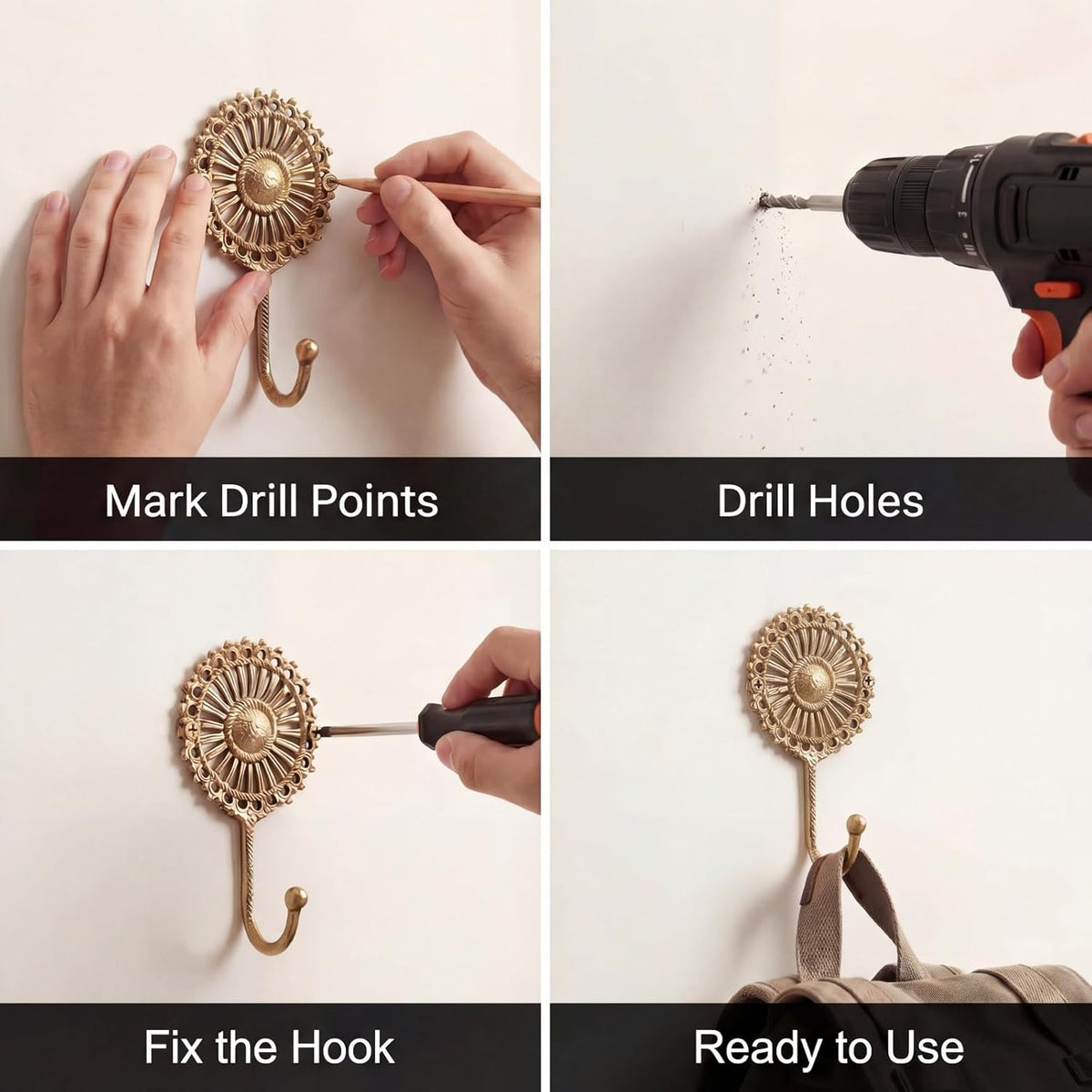 Indian Shelf Set of 3 Solid Brass Boho Wall Hooks for Coats and Keys