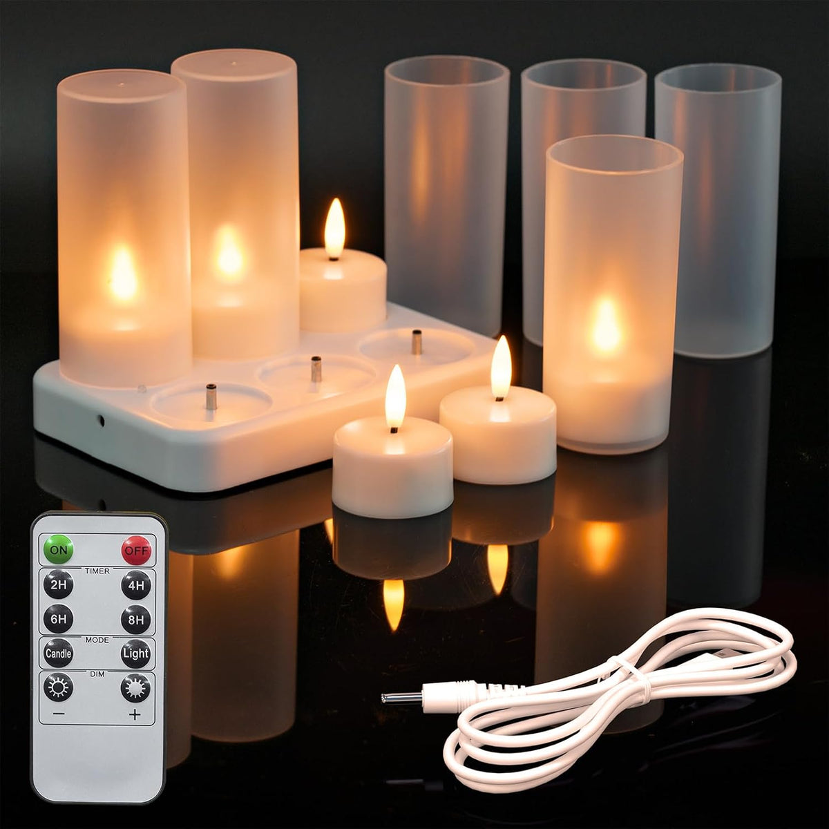 Flameless Tea Lights Candles with Charging Station,LED Tea Lights Candles with Remote Control Timer for Table Decorations,Valentine's Day,Home Decor,6-Pack with Frosted Plastic Candle Covers
