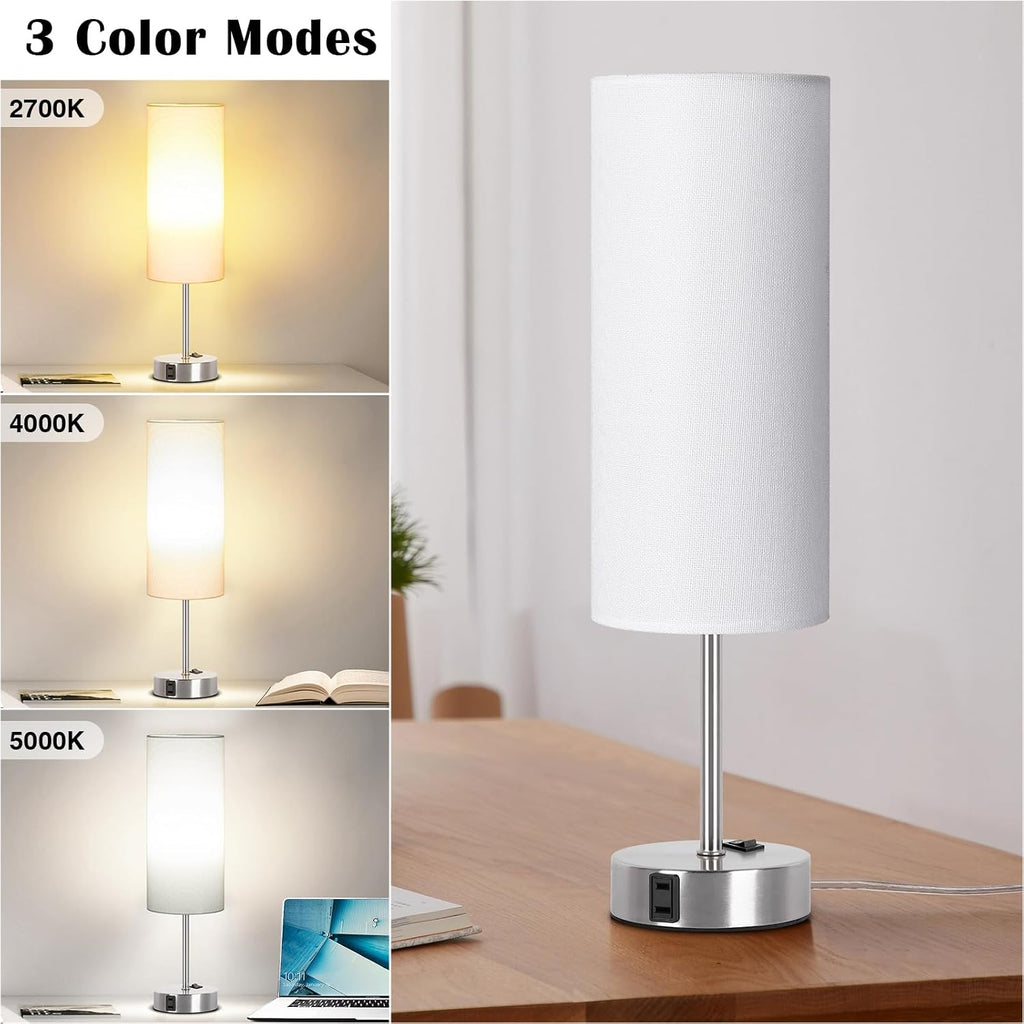 ZJOJO Table Lamp for Bedroom 2 Pack,18in Bedside Lamps with 3 Way Dimmable Rocker Switch & AC Outlet,Nightstand Desk Lamp with White Fabric Shade Nickel Basee for Living Room Home Decor Lights