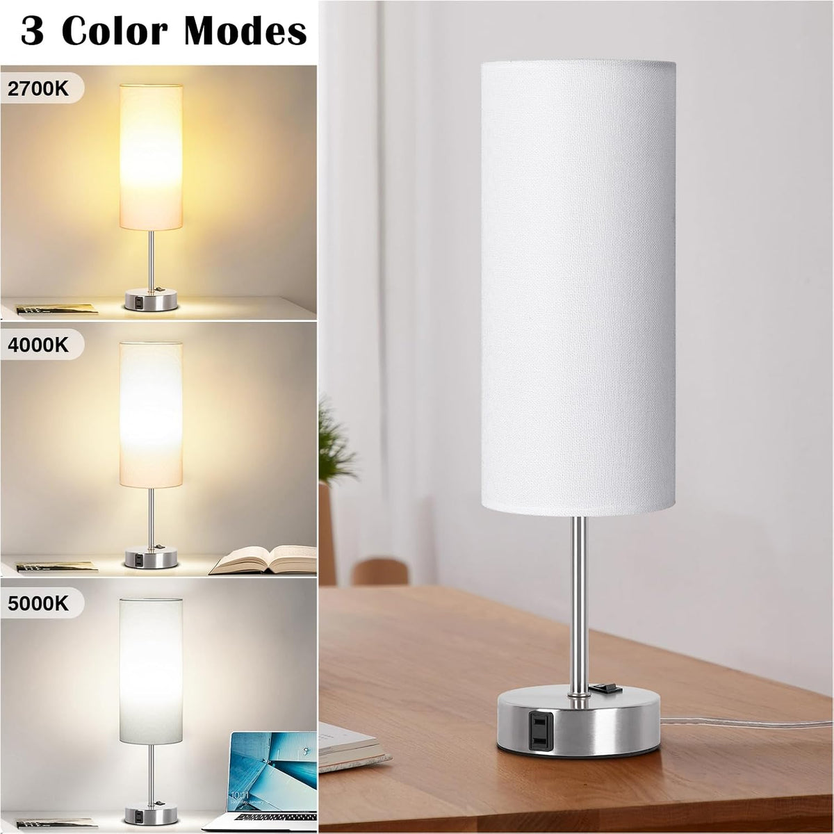 ZJOJO Table Lamp for Bedroom 2 Pack,18in Bedside Lamps with 3 Way Dimmable Rocker Switch & AC Outlet,Nightstand Desk Lamp with White Fabric Shade Nickel Basee for Living Room Home Decor Lights