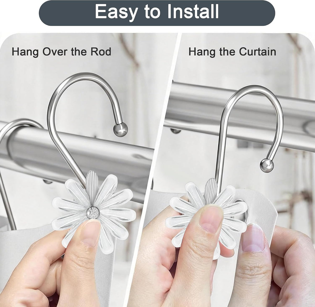 Shower Curtain Hooks, Rust Resistant Cute Daisy Metal Decorative Shower Rings Hangers Set of 12 for Bathroom Curtains,Clothing, Towels (Silver White)