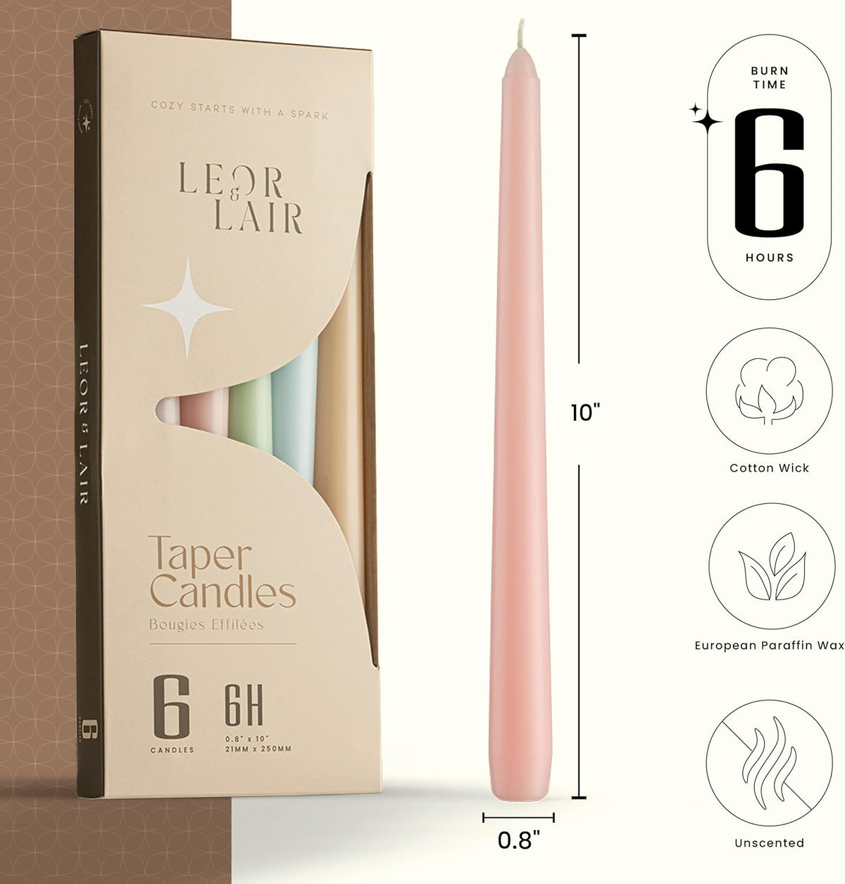 Leor & Lair Pastel Taper Candles, 6 Pack, 10" Tall Candlesticks, Unscented