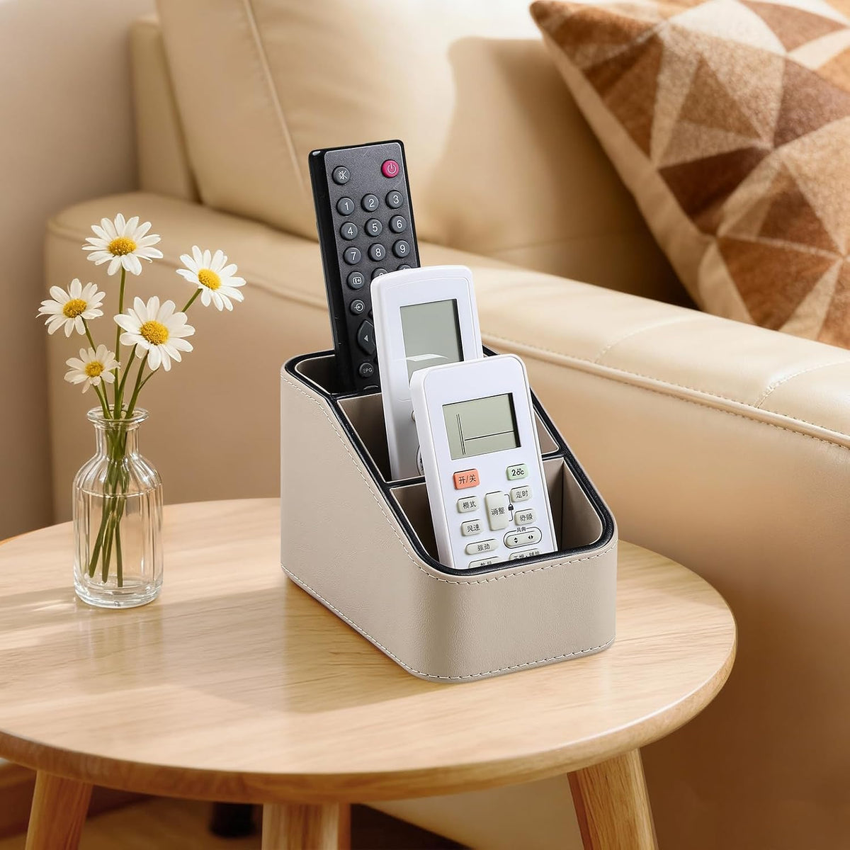 Remote Control Holder, Small Desk Organizer TV Remote Caddy, Beige