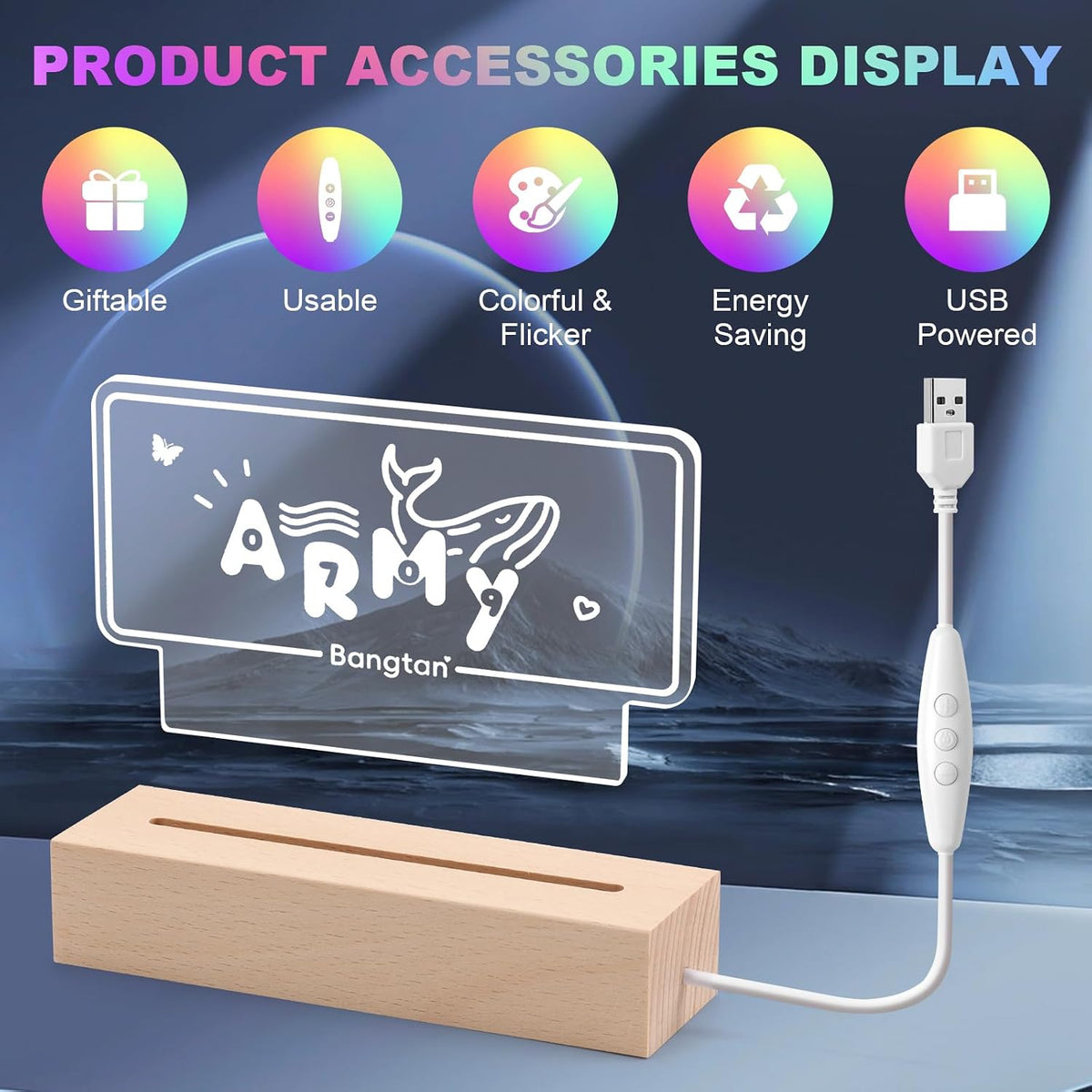 Armys Bangtan LED Night Light 7 Colors Adjustable Night Light Bedroom Decor