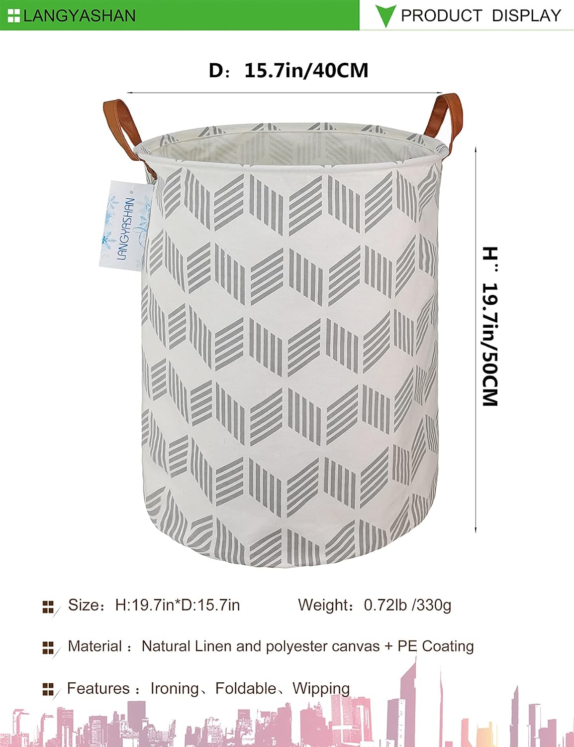 Round Laundry Basket Collapsible Storage Hamper Organizer Gery Wave
