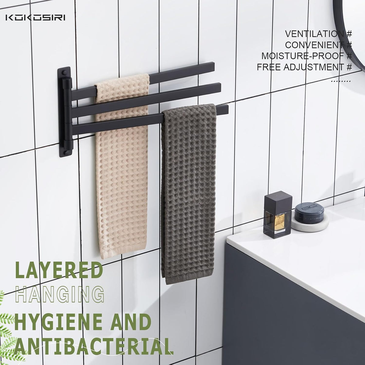 KOKOSIRI Bathroom Towel Bars Swivel Towel Rails Matte Black Swing Out Hand Towel Holder 3-Arm for Bath Kitchen Wall Stainless Steel B5007BK-A3