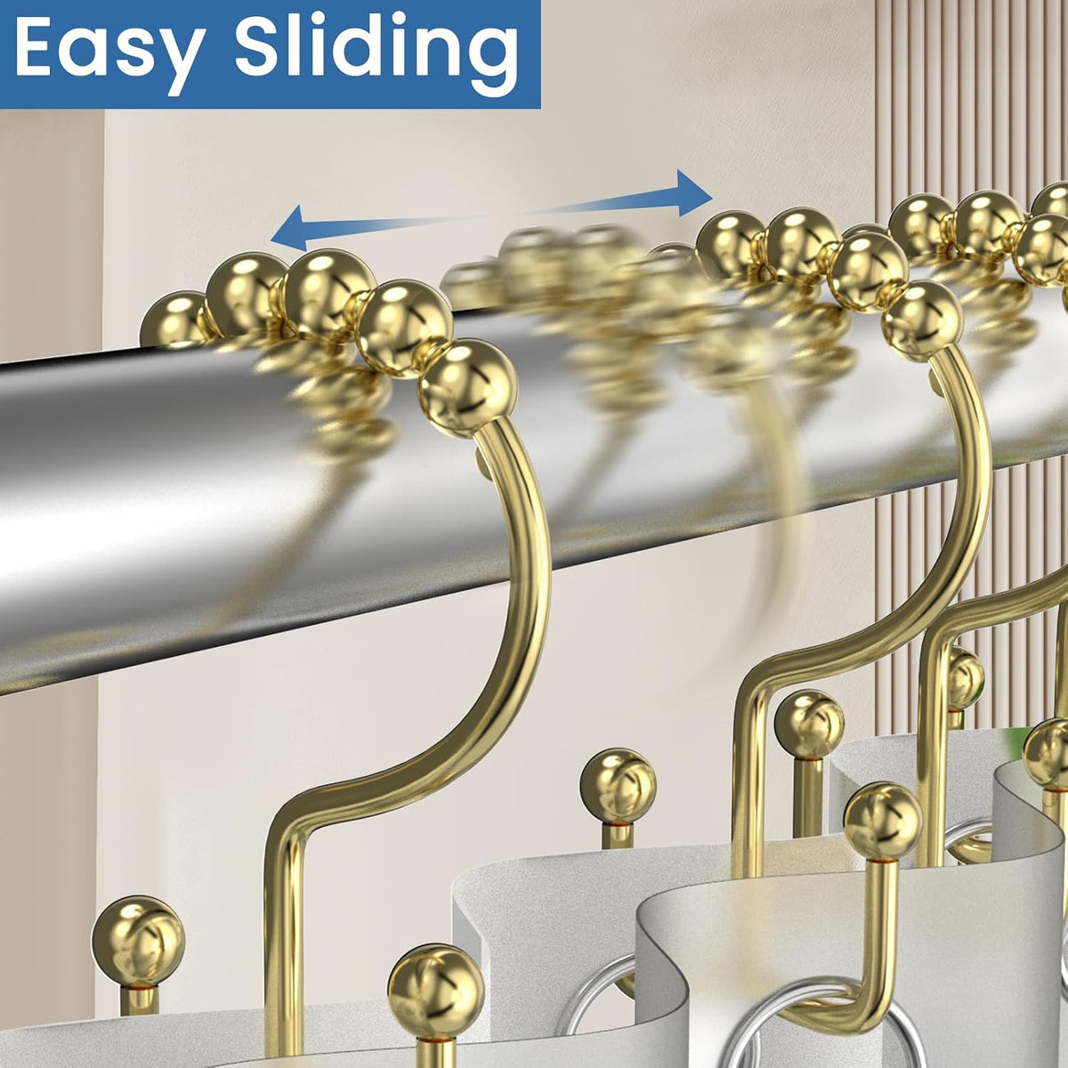 Shower Curtain Hooks Rings,Ball Bearing Stainless Steel Gold Shower Hooks,Double Glide Rust-Resistant Shower Curtain Hangers for Bathroom Shower Rods Curtains,Set of 12