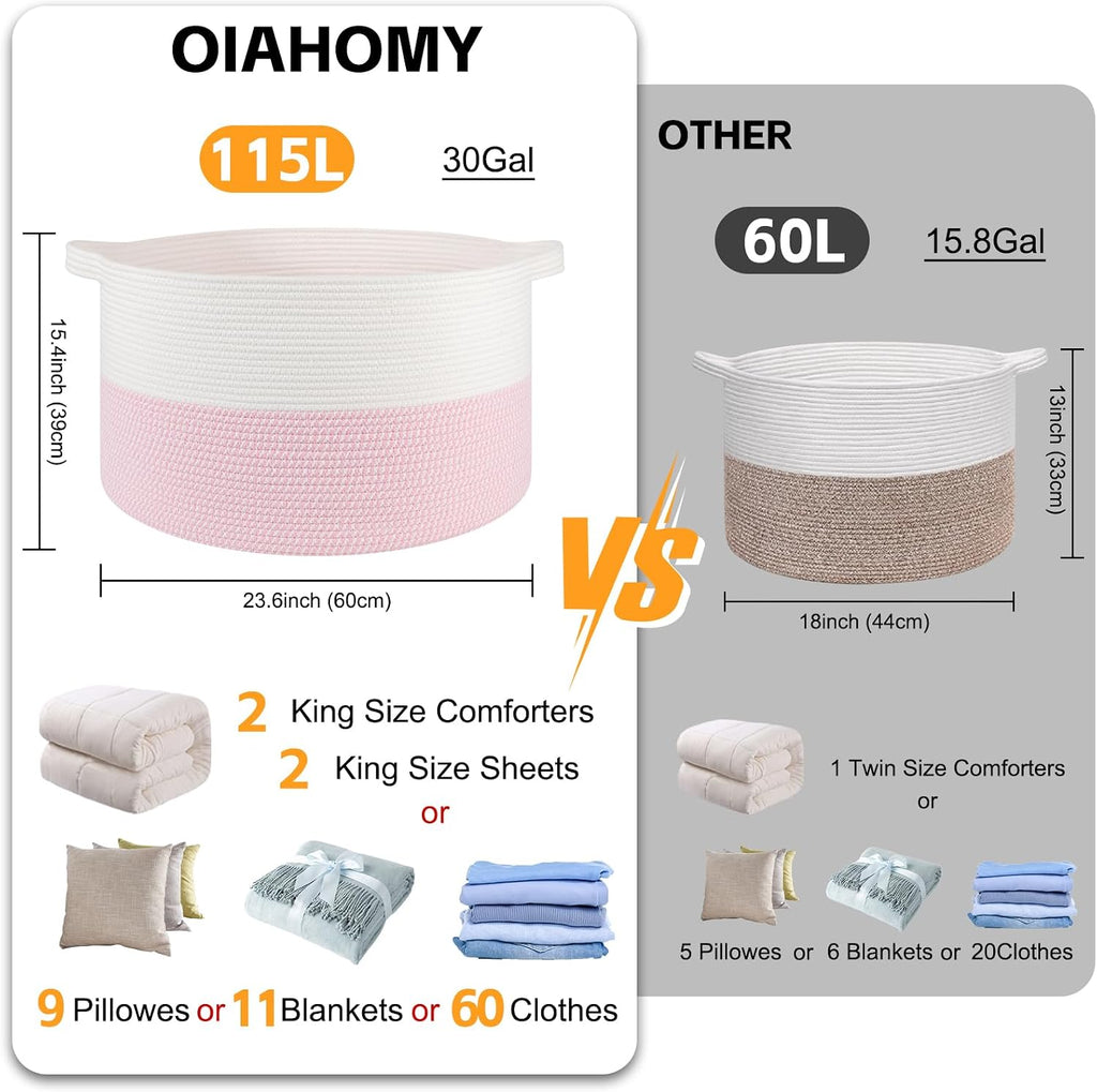 OIAHOMY 115L Extra Large Blanket Basket Living Room Laundry Basket Pink