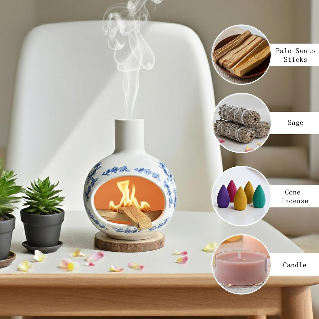 Blue and White Porcelain Palo Santo Holder & Ceramic Incense Burner, Handcrafted Mini Chimney with Tree of Life 7 Chakra Stones Pendant, Ash Catcher for Sage & Cones, Yoga Meditation Gift Set