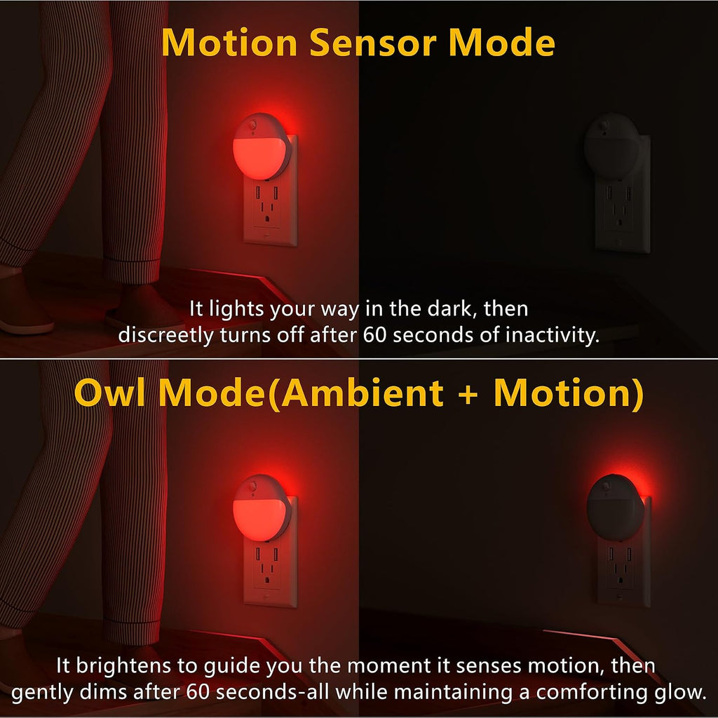 YUNLEX Red Night Lights Motion Sensor, Dimmable Plug in Nightlight, 2 Pack