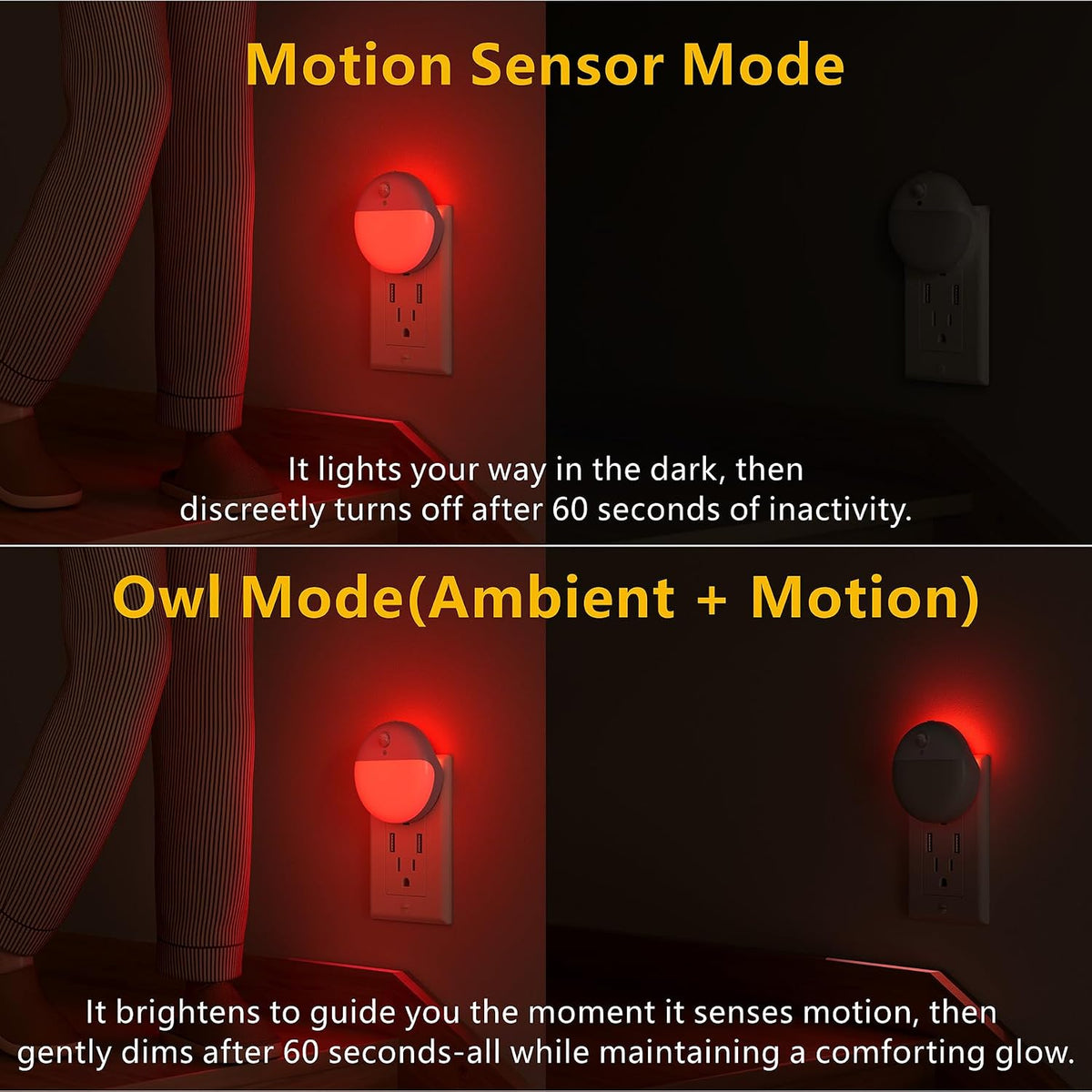 YUNLEX Red Night Lights Motion Sensor, Dimmable Plug in Nightlight, 2 Pack
