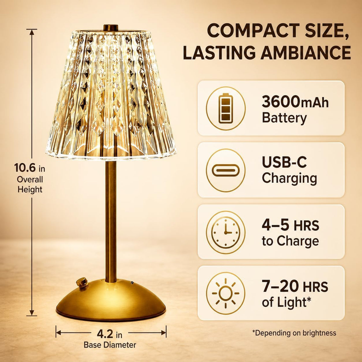 Small Gold Cordless Table Lamp Rechargeable for Kichen Countertop Dining