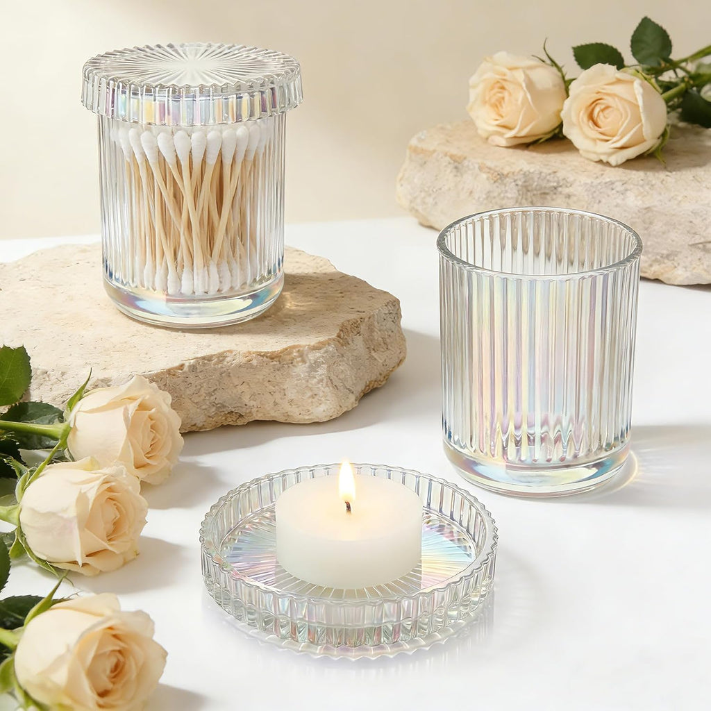 2‑Pack Clear Opalescent Glass Qtip Holder, Vanity & Bathroom Storage