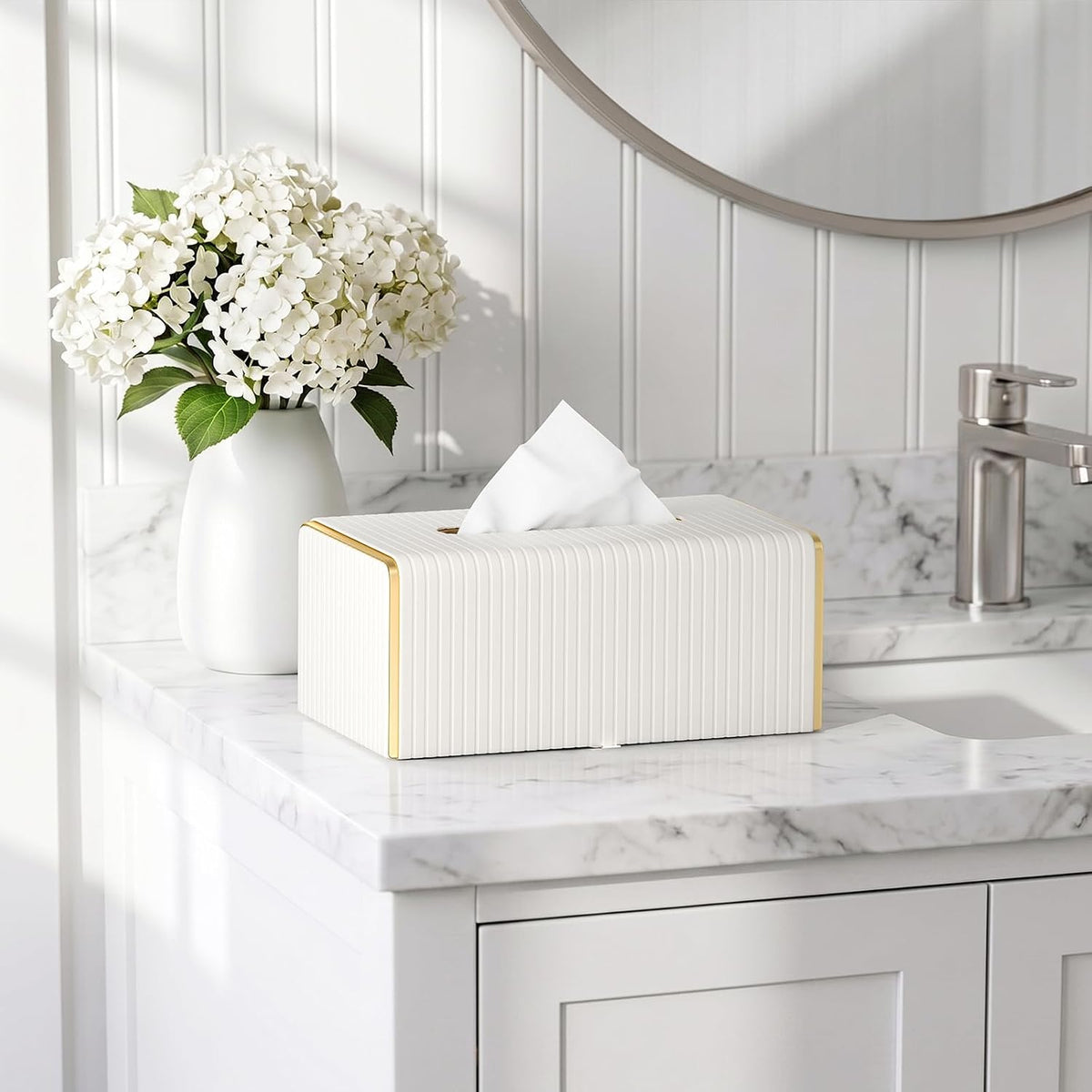 PU Leather Rectangle Tissue Box Cover, White, Long Tissue Box Holder