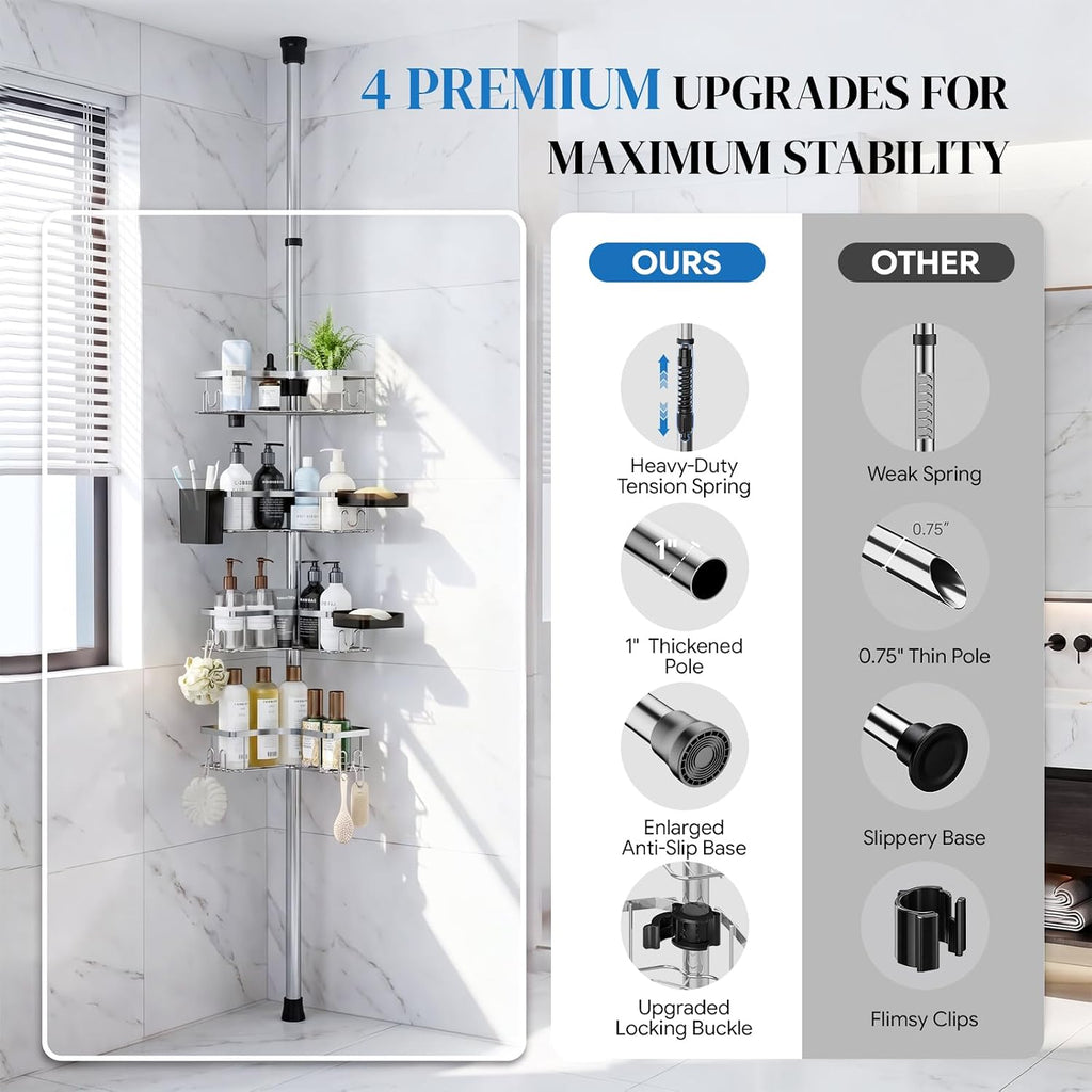 REINHARDT Corner Shower Caddy Tension Pole 4Tier Rustproof Organizer-Silver