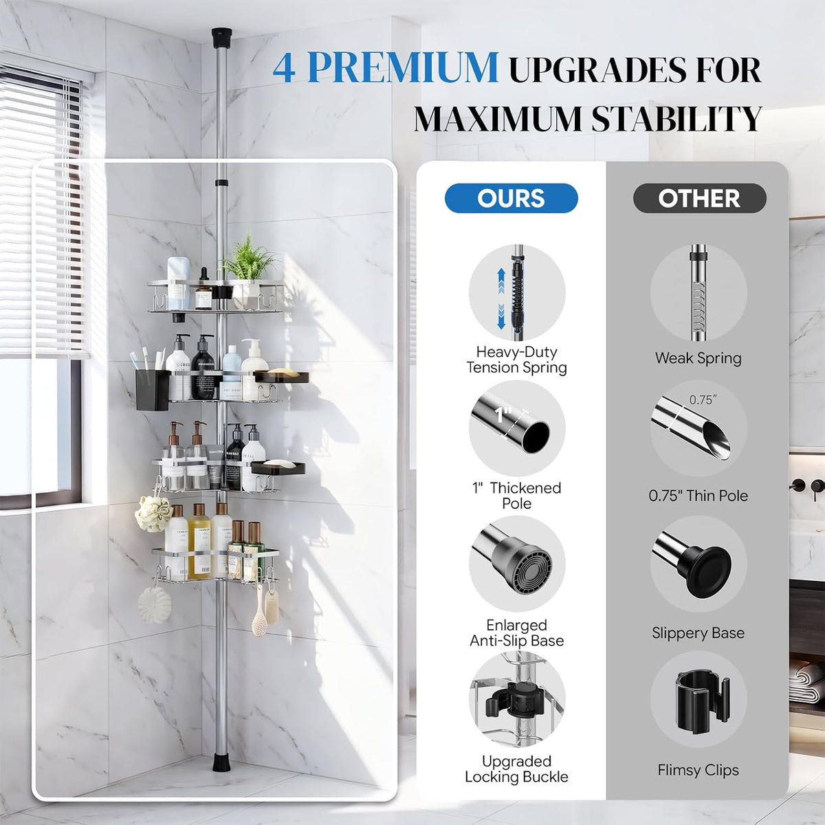 REINHARDT Corner Shower Caddy Tension Pole 4Tier Rustproof Organizer-Silver
