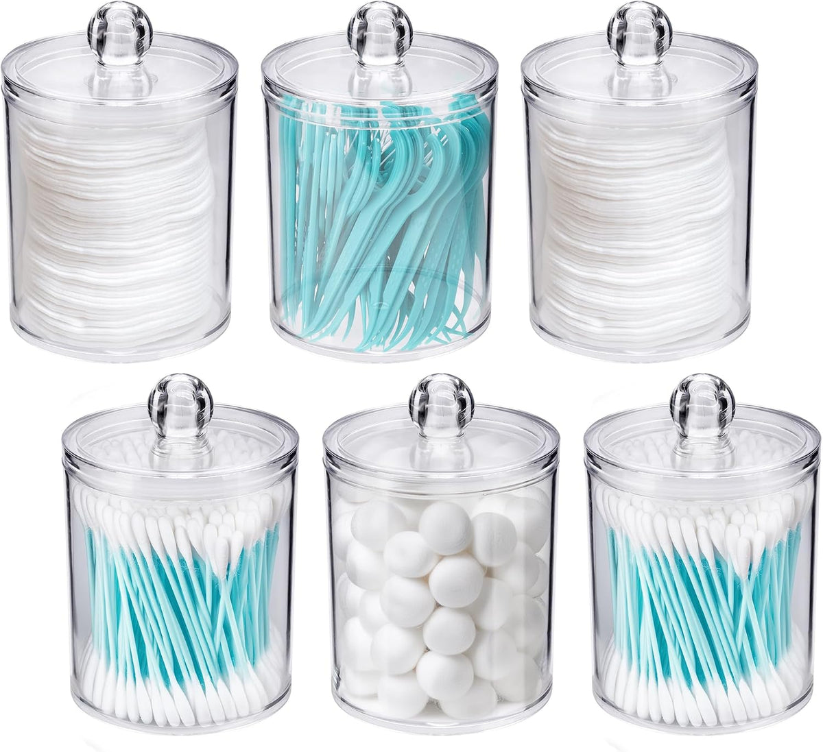 WEISHI 6 Pack Qtip Holder Dispenser -Cotton Ball, Swab, Round Pads, Floss , Small Clear Plastic Apothecary Jar Containers with Lids for Bathroom Storage and Organization, Vanity Organizer
