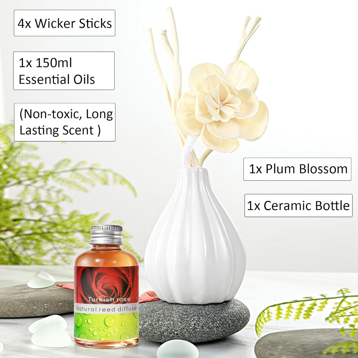Reed Diffuser Set, Home Fragrance & Decorative Diffuser, Dried Flower Aromatherapy Oil Set, Oil Diffuser Sticks, Ceramic Bottle 5.07 oz(150ml) /1 Pack (TurkishRose)