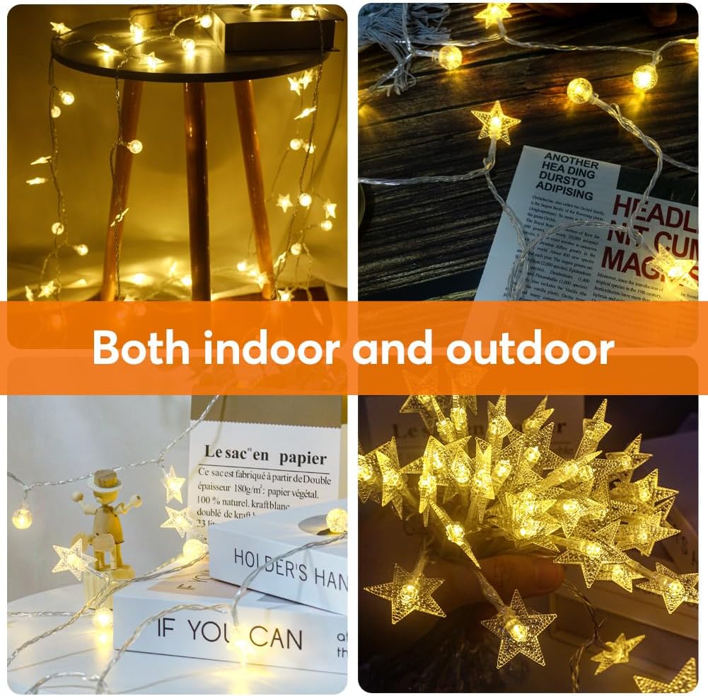 50 Star & 50 Globe String Lights with Remote for Indoor Bedroom Warm White