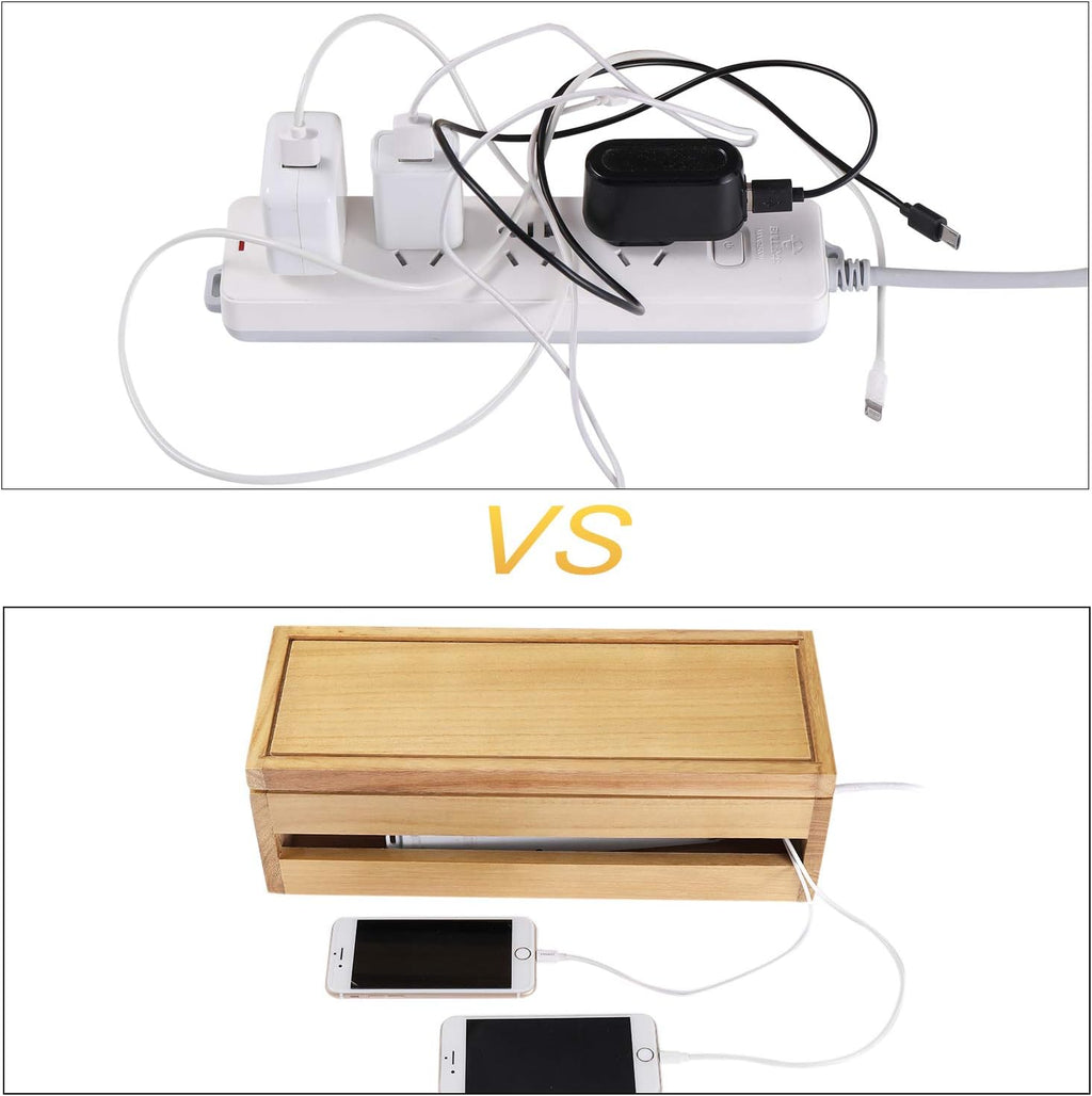 Changsuo Cable Management Box Wooden Cord Organizer Box for Extension Cord Power Stripe Surge Protector Wire Management Concealer Organizer Cover Hider for Desktop Home Office Kitchen (Light Natural)