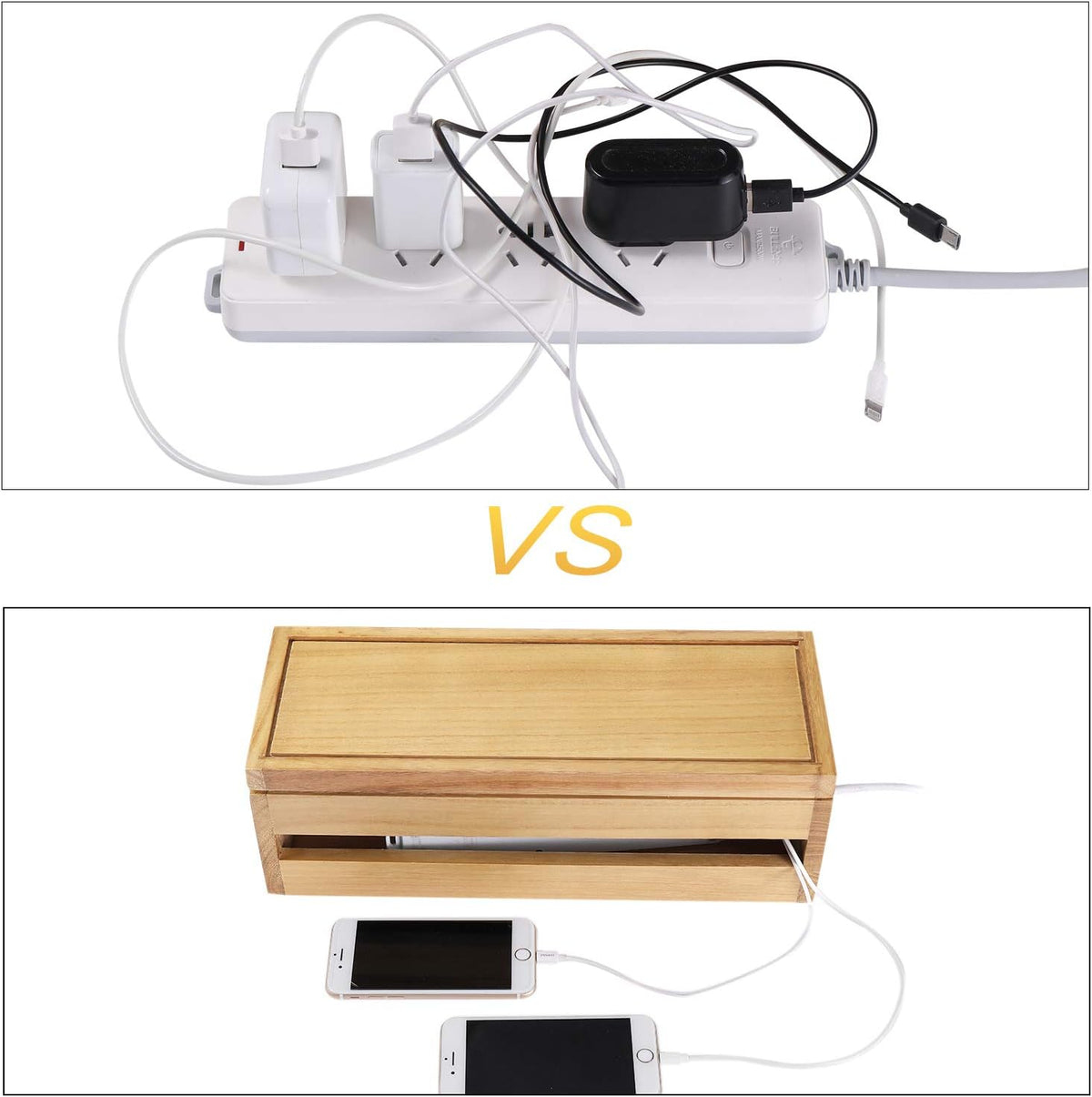 Changsuo Cable Management Box Wooden Cord Organizer Box for Extension Cord Power Stripe Surge Protector Wire Management Concealer Organizer Cover Hider for Desktop Home Office Kitchen (Light Natural)