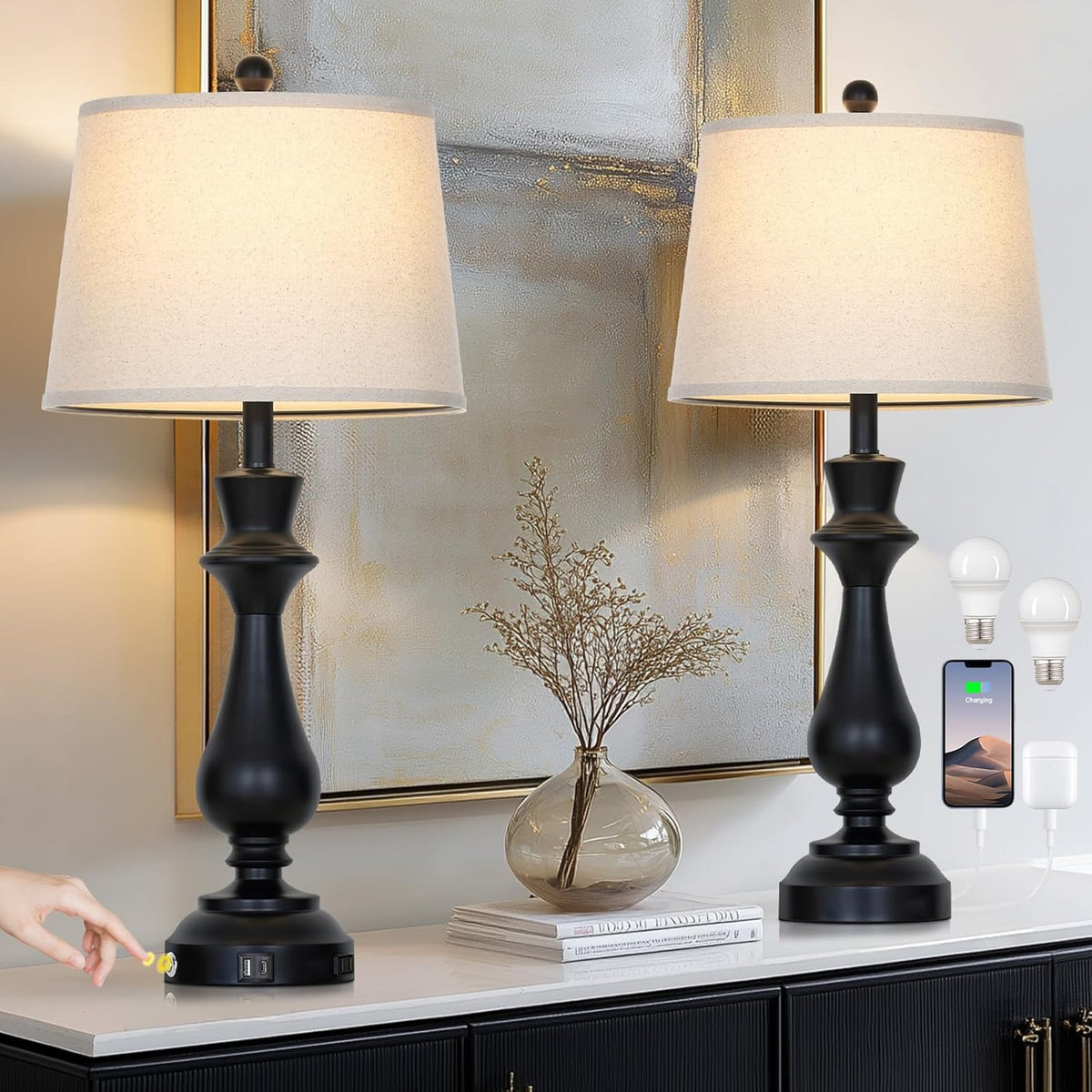 Modern Black Table Lamps Set of 2 for Living Room,30" Tall Bedside Lamp with USB Charging Port,3-Way Dimmable Touch Nightstand Lamp for Bedroom Desk Side Table Office,Black