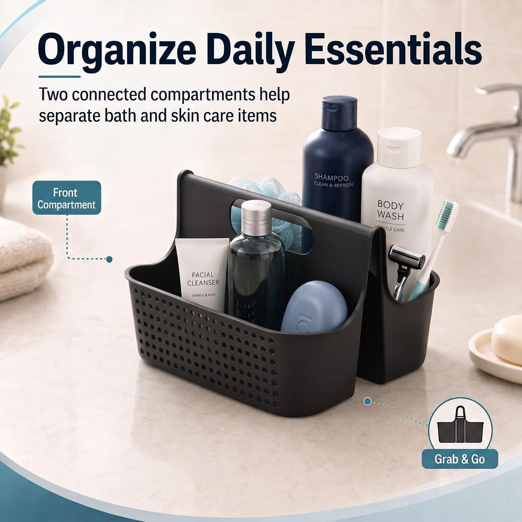 NINU Black Portable Shower Caddy Basket, 2-Compartment Storage Organizer