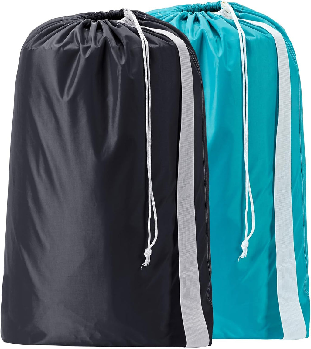 HOMEST 2 Pack XL Nylon Laundry Bag with Strap, Large Dirty Clothes Organizer, Easy Fit a Laundry Hamper or Basket, Can Carry Up to 4 Loads of Laundry, Black and Sky Blue