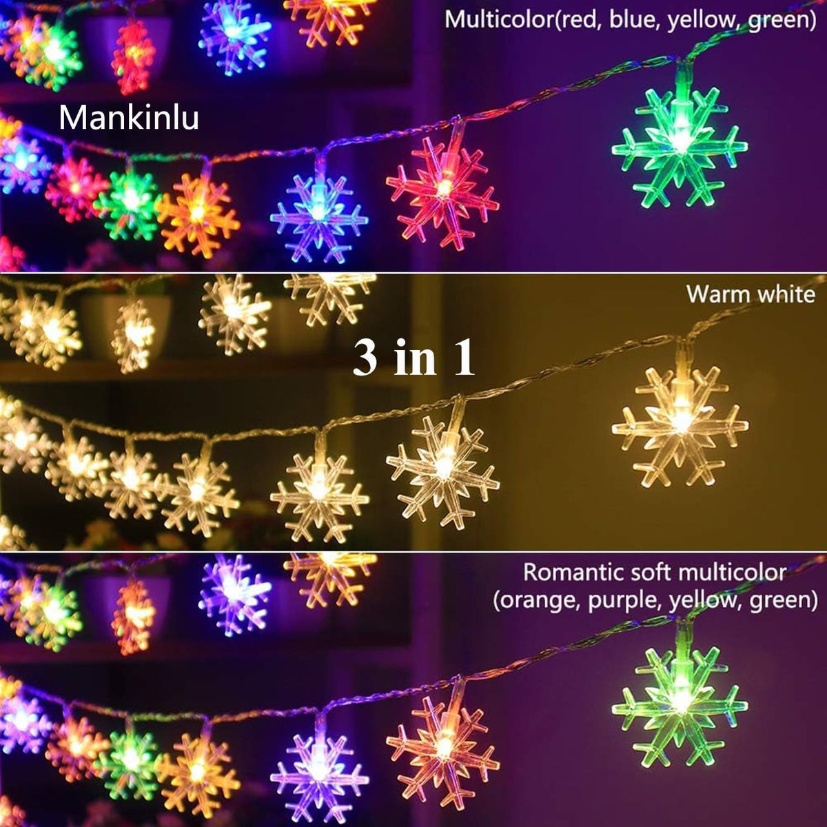 Christmas Decorations Snowflake Lights, 30ft 60 LEDs Snowflakes Christmas Lights Battery Operated String Lights with Remote for Xmas Tree Window Curtain Outdoor Indoor Winter Decor Multicolor