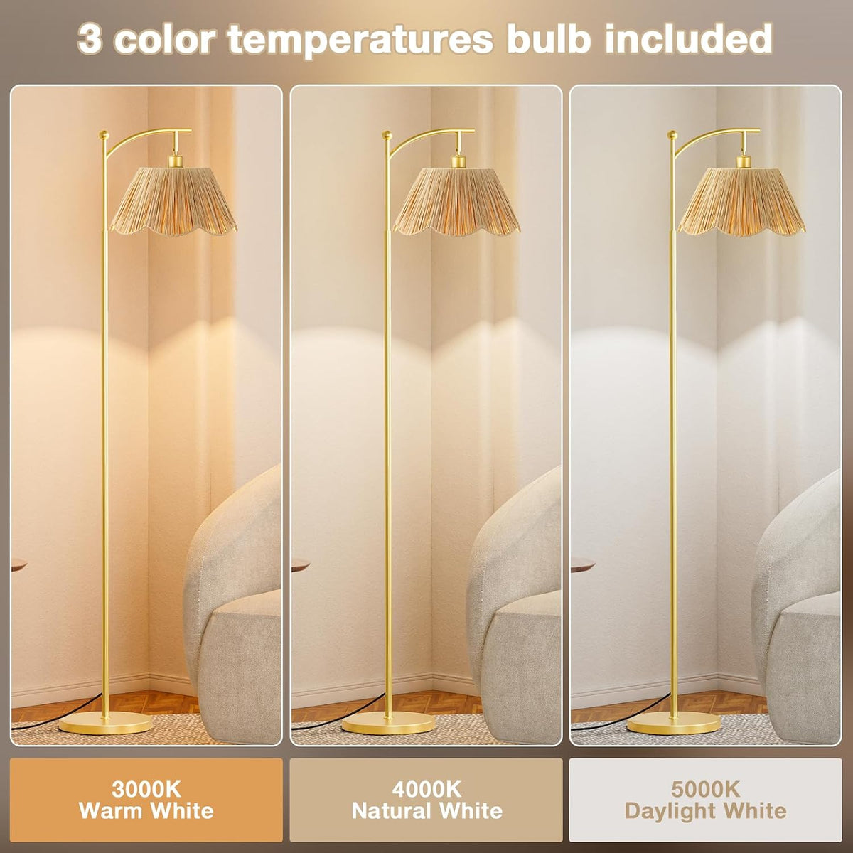 Ambimall 60" Floor Lamps for Living Room with 3 Color Temperatures, Gold Floor Lamp with Rattan Shade, Modern Tall Lamps for Bedroom Office, 9W LED Bulb Included