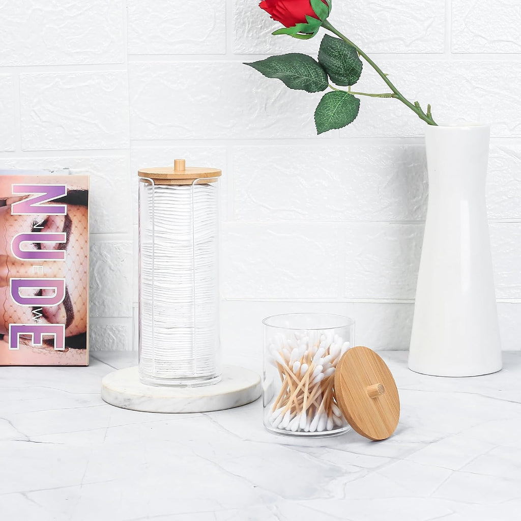 2 Pcs Qtip Holder, Cotton Pads Balls Dispenser Holders, Clear Cotton Swab Makeup Canister, Apothecary Jar Holder Organizer with Bamboo Lid for Bathroom Tabletop Vanity Makeup Storage Box