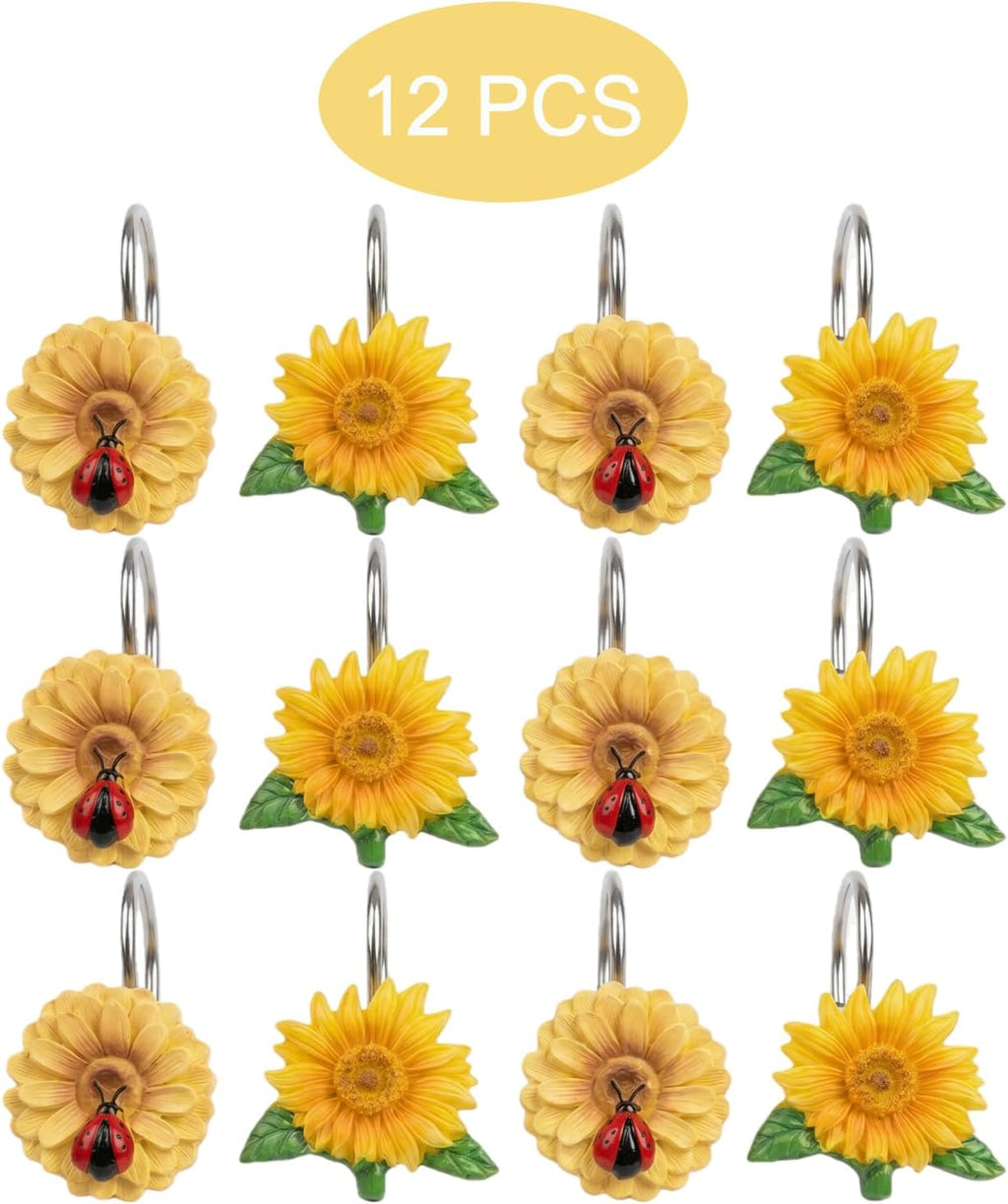 12PCS Sunflower Shower Curtain Hooks, Yellow Floral Ladybug Decorative Curtain Hanger, Metal Rustproof Shower Curtain Rod Ring for Bathroom Décor
