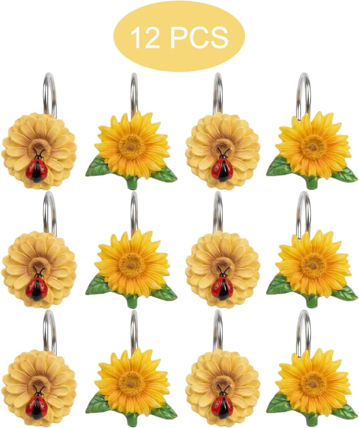 12PCS Sunflower Shower Curtain Hooks, Yellow Floral Ladybug Decorative Curtain Hanger, Metal Rustproof Shower Curtain Rod Ring for Bathroom Décor