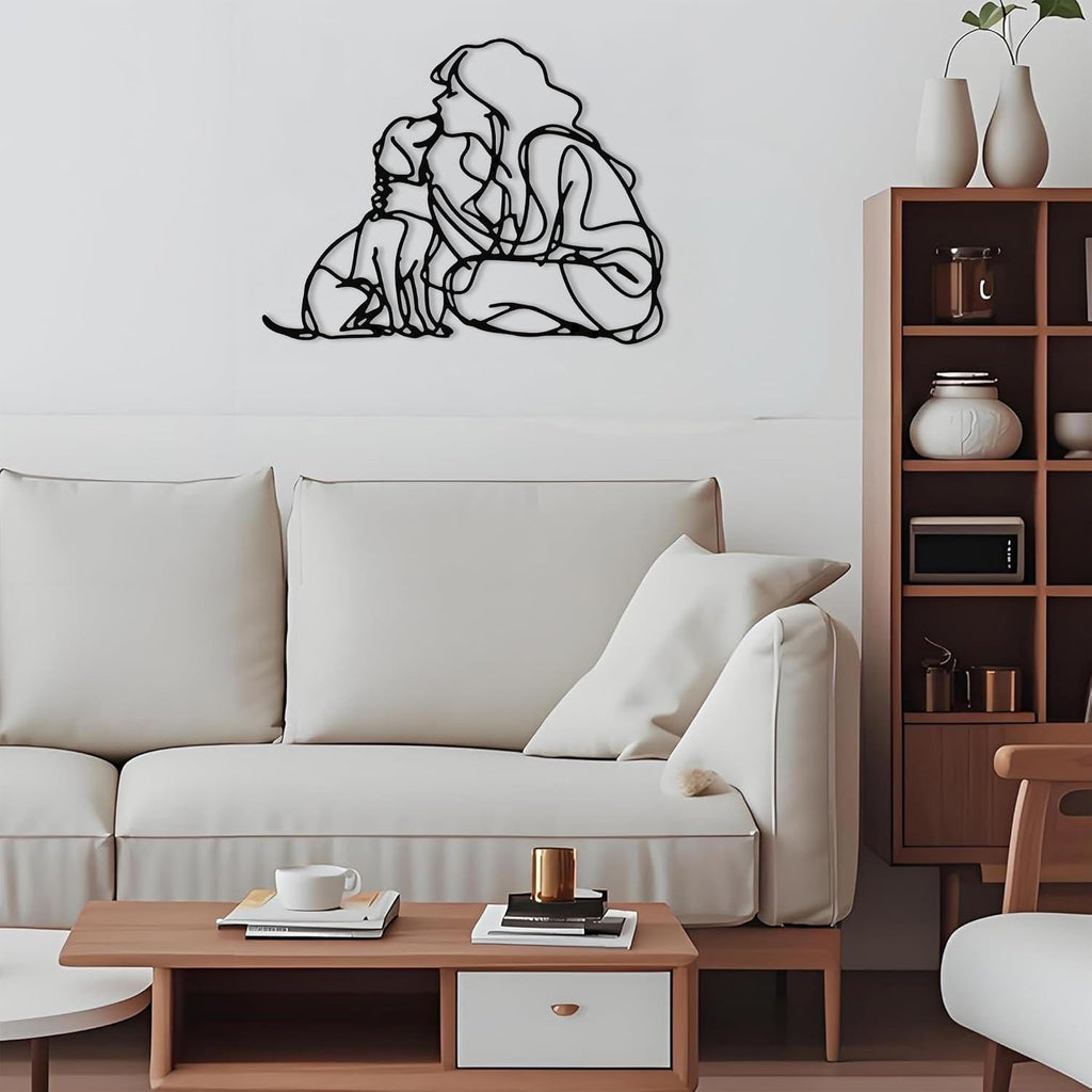 DICYWUDI Black Metal 15 * 11.8 inch Women And Dogs Wall Decor – Minimalist Wall Art for or Indoor Kitchen Bathroom Bedroom Living Room Dining Room