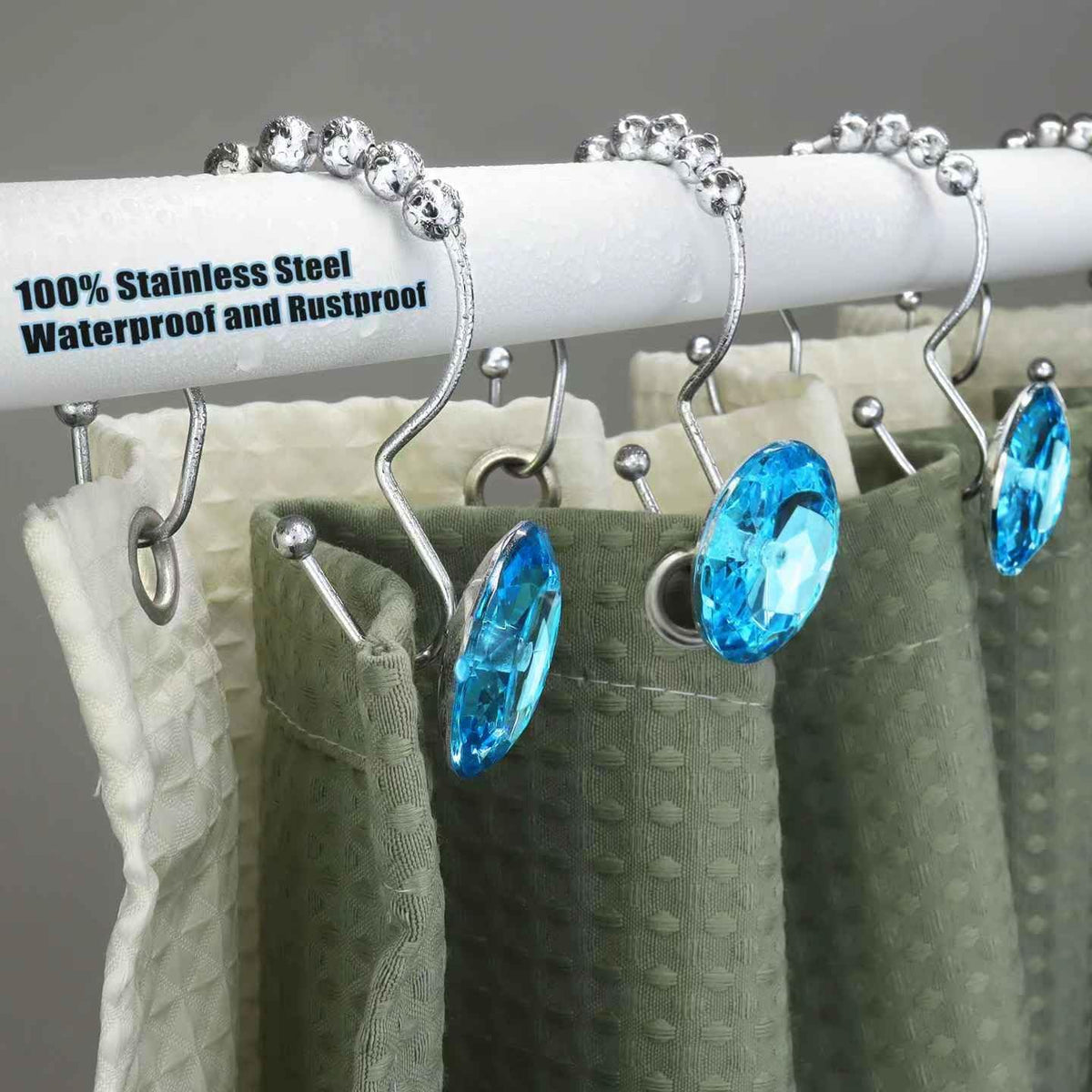 Shower Curtain Hooks Rings for Bathroom, 12PCS Double Hooks Glide Anti Rust Crystal Rhinestones Shower Curtain Rings Hangers for Shower Curtains, Clothing, Towels, etc. (Aqua Blue)