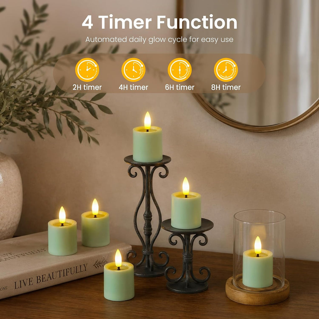 12pcs LED Battery Operated Remote 1.6" x2.5" Tea Lights with Melt Pool Effect, Timer Flickering Sage Green Plastic Flameless Votive Small Tealight Candles for Table Centerpiece Decor