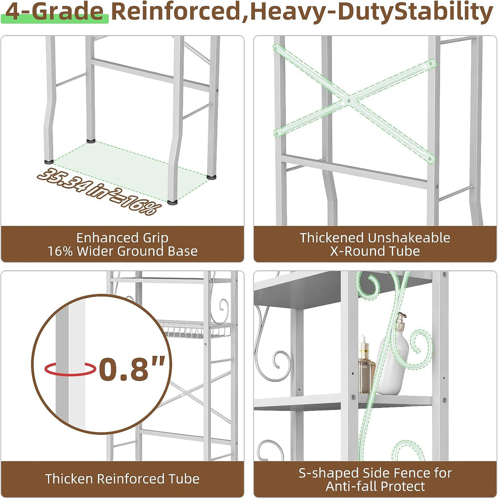 Over-The-Toilet Storage Rack 4-Tier,Bathroom Organizer Shelf Over Toilet,Adjustable Wooden Shelves and Basket,Freestanding Above Toilet Shelve,Space Saver for Rooms(White Rack-White Shelves)