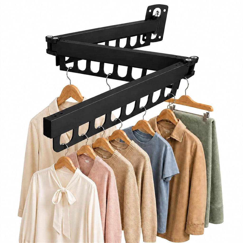 Retractable Wall Mounted Clothes Drying Rack, Rustproof Steel Drying Rack with 24 Hanging Holes, Space‑Saving Design for Apartments, Laundry Rooms, Balconies & RVs (Black)