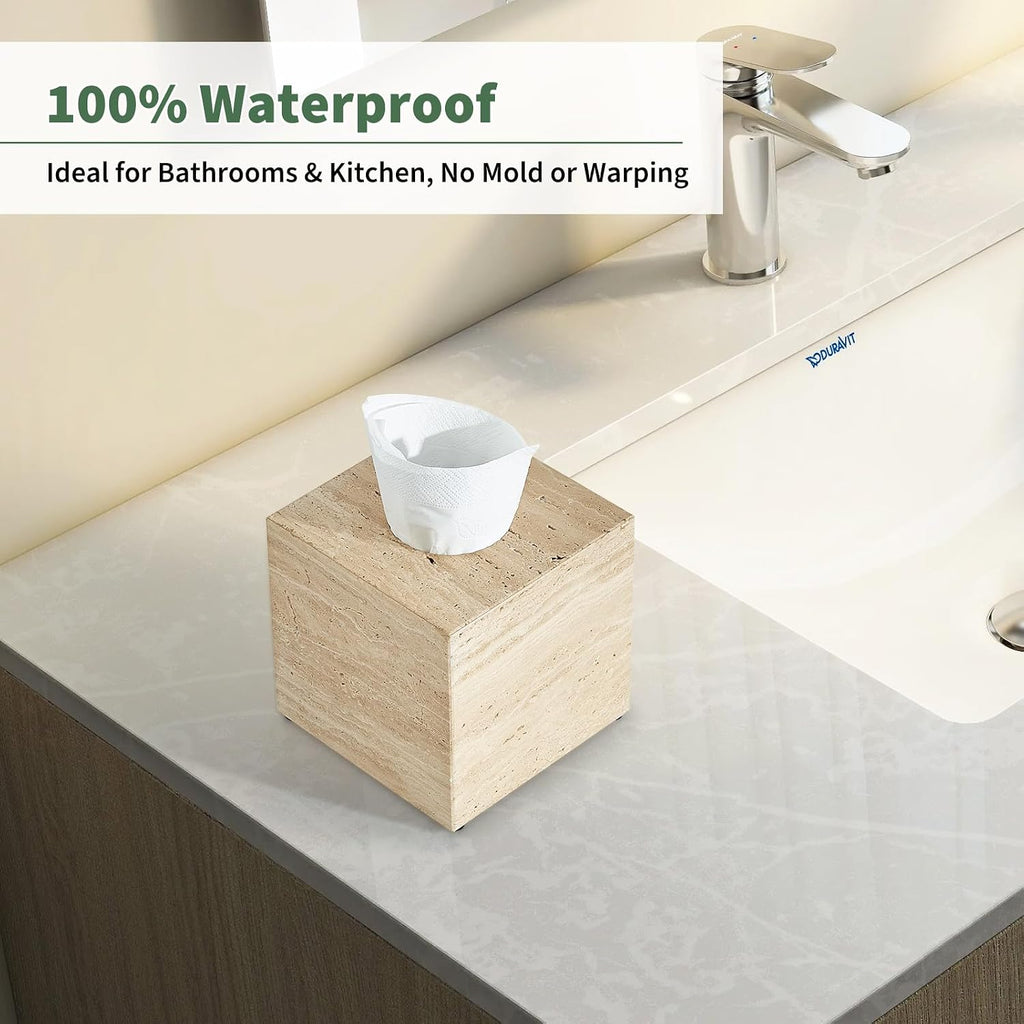 Real Natural Travertine Tissue Box Cover, 5.5in Square Holder