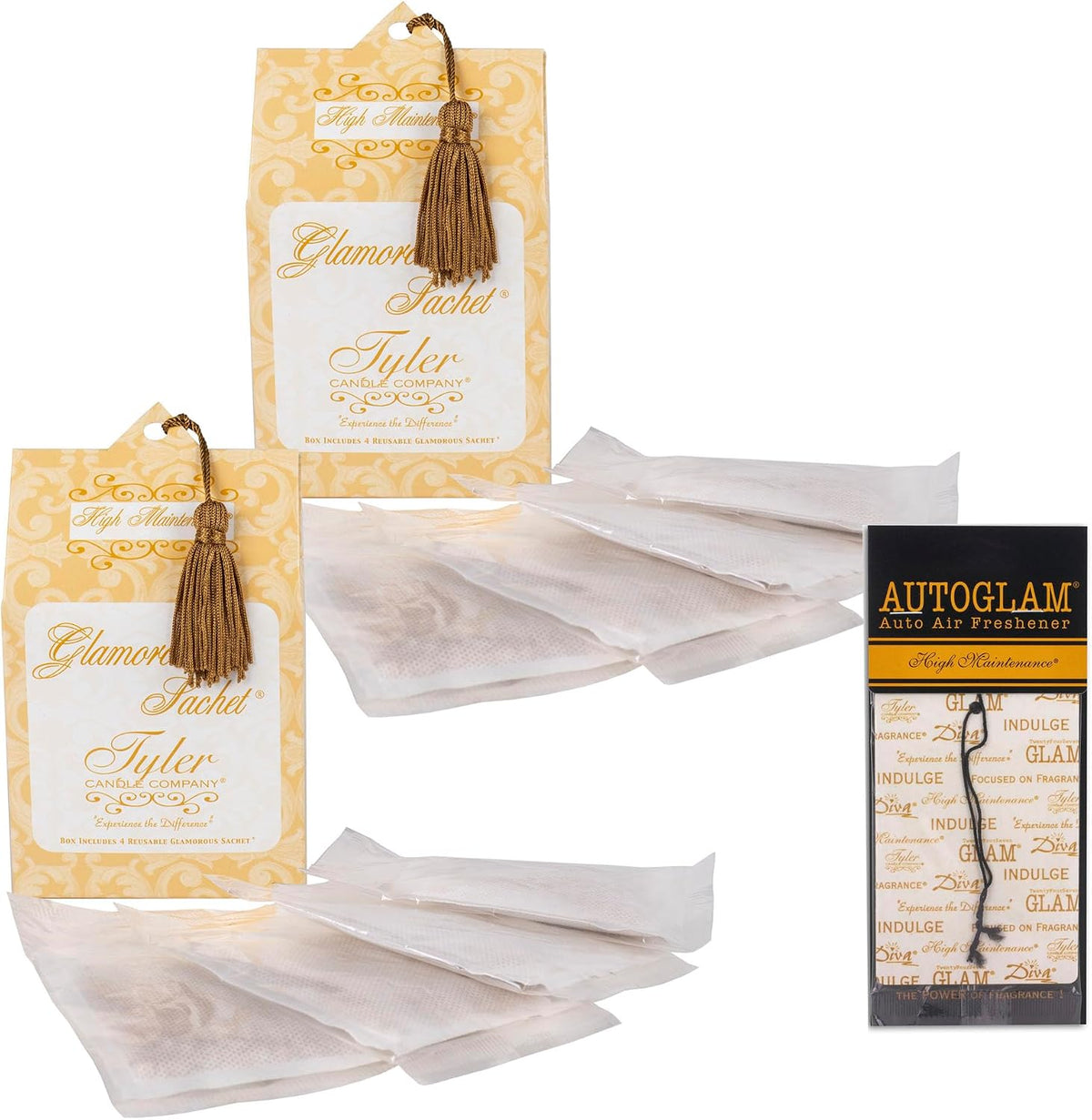 Elanze Designs Tyler Candle HIGH Maintenance - Scented Laundry Sachet and Car Vehicle Air Freshener Bundle