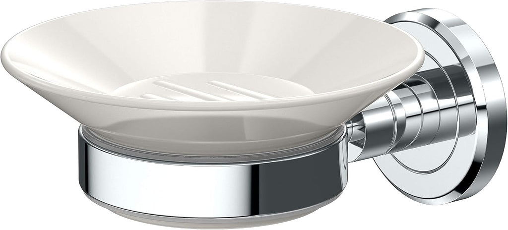 Gatco 1940 Latitude II Wall Mounted Porcelain Soap Dish with Chrome Holder, White/Chrome, 2.1" H x 4.31" W x 5.25" D