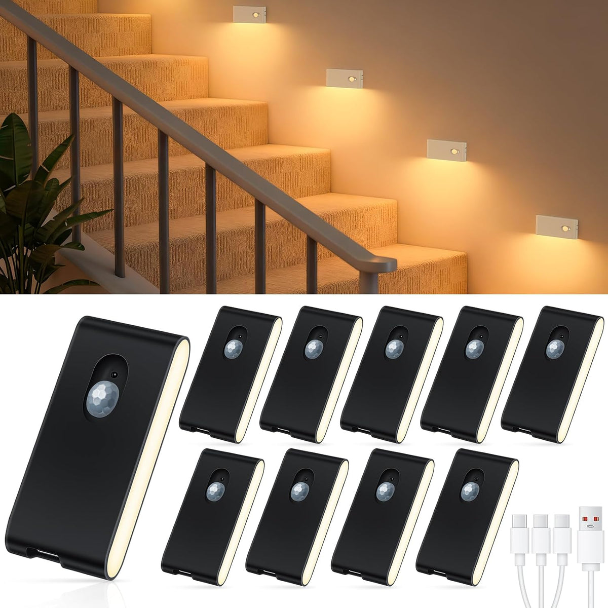 WILLED Stair Lights Indoor, Warm White Rechargeable Night Light, Wireless Motion Sensor Light Indoor for Stairs, Hallway, Stairway, Bathroom, Bedroom, Kitchen, 10 Pack