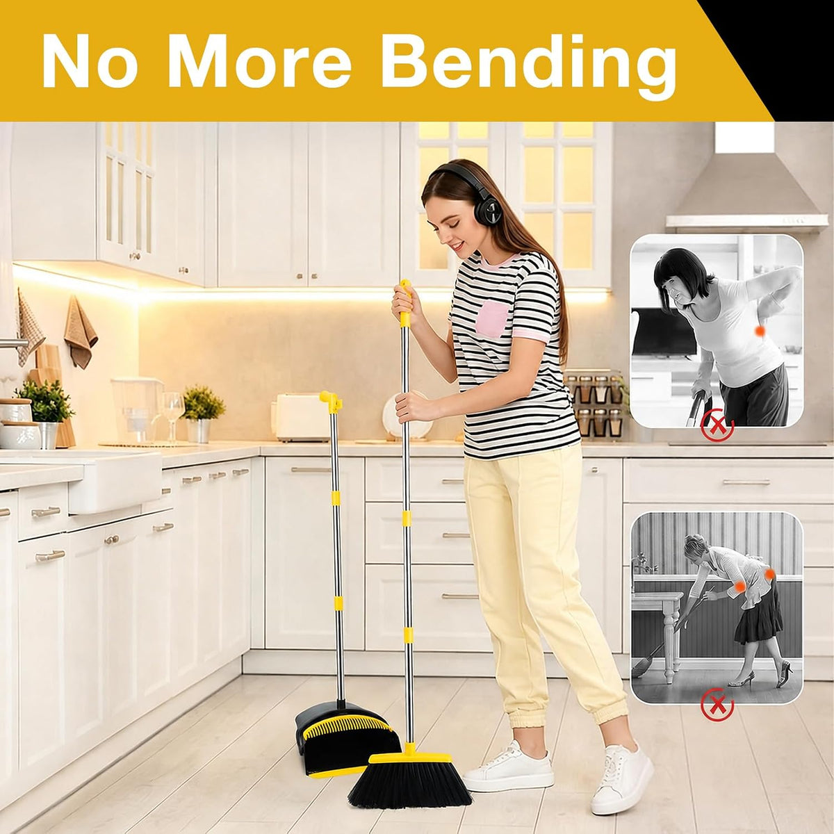 Broom and Dustpan Set,Long Handle,Black Yellow
