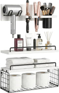 3-Tier Bathroom Floating Shelves with Hair Dryer Holder, White