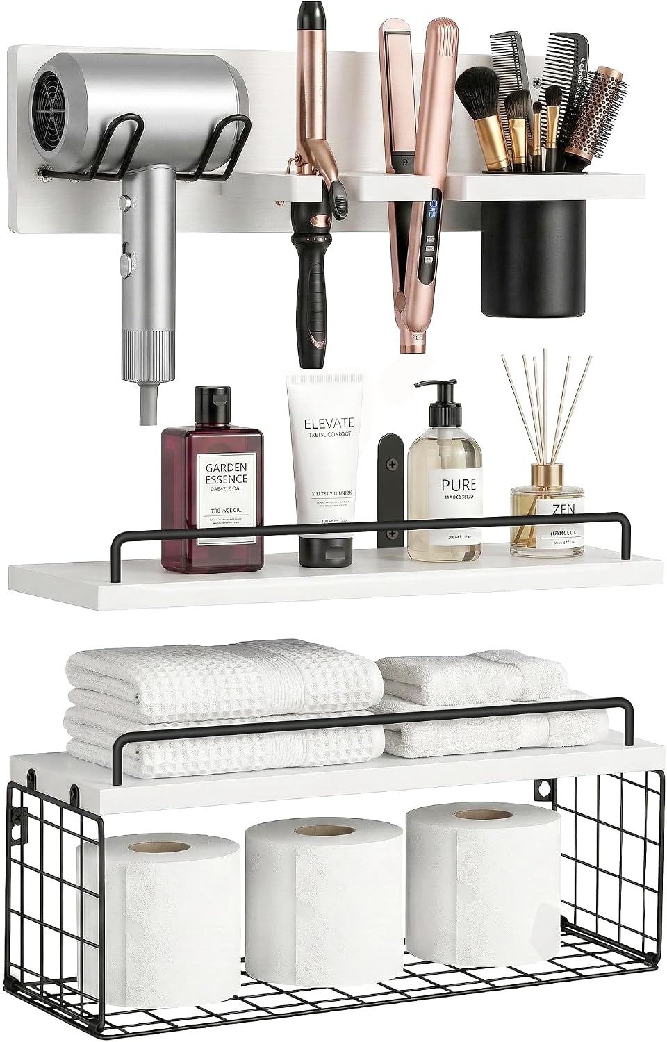 3-Tier Bathroom Floating Shelves with Hair Dryer Holder, White