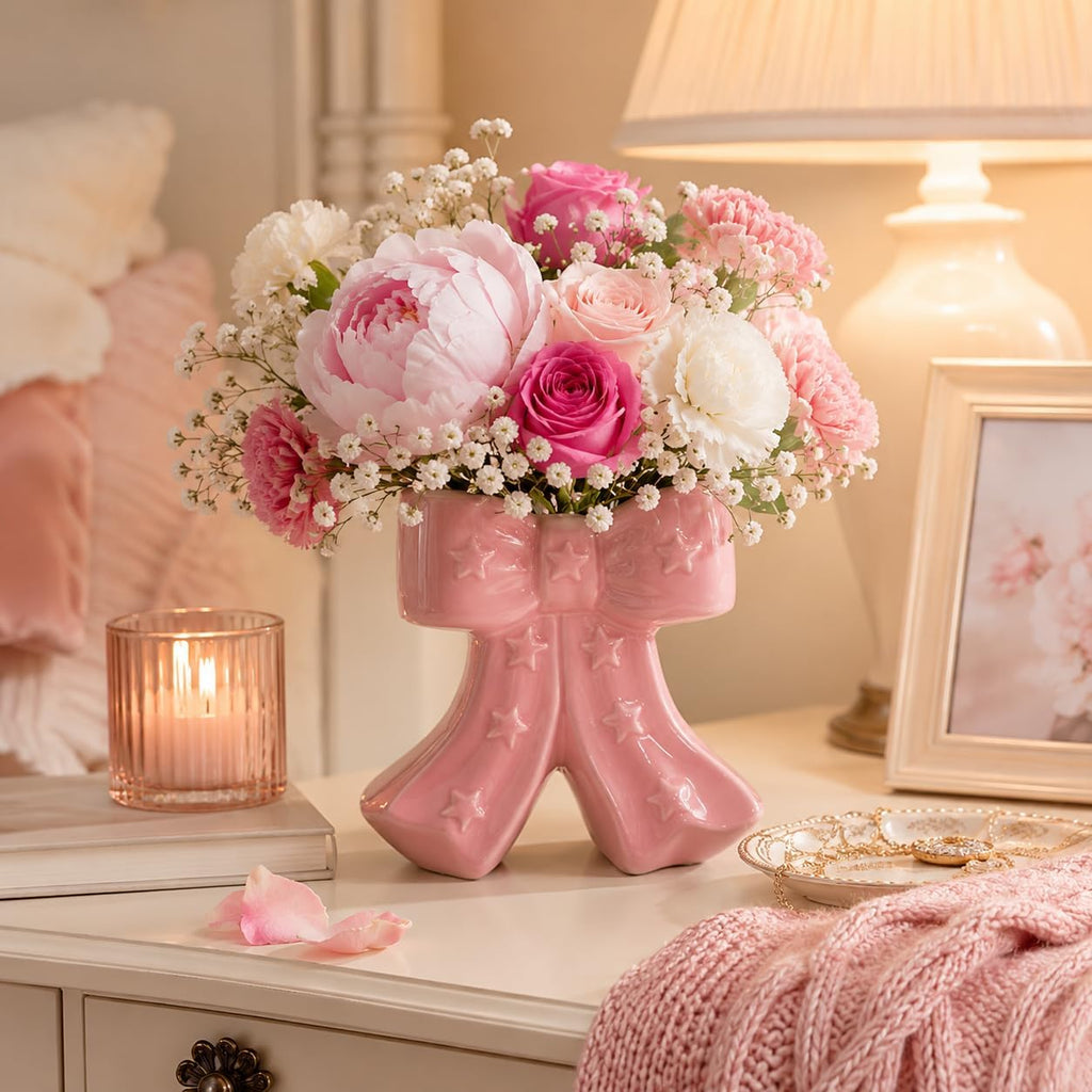 Pink Bow Vase, Hot Pink Flower Vase for Home Decor