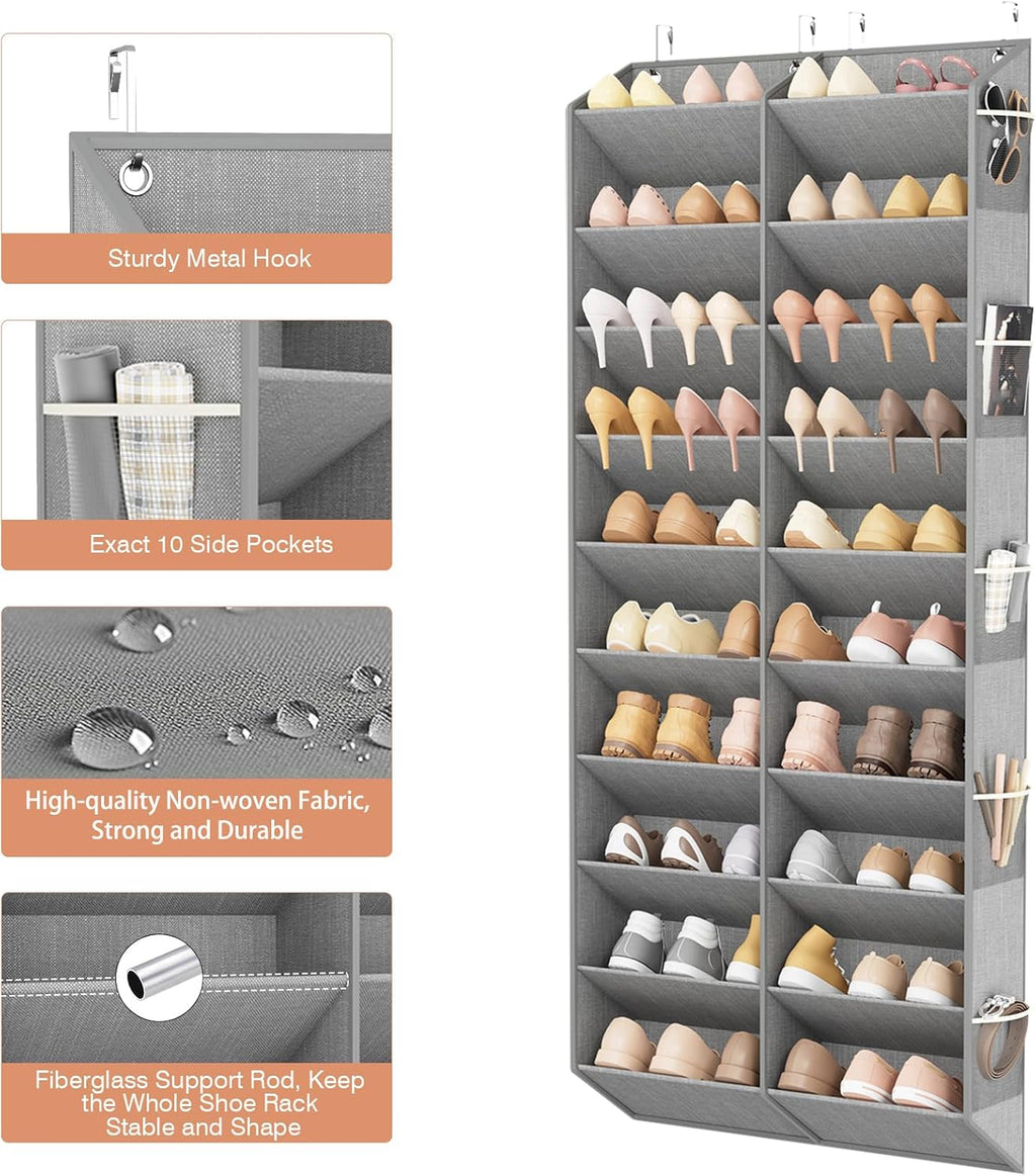 LANTEFUL Over the Door Shoe Organizer, Hanging Shoe Rack for Closet Door Shoe Storage for 30 Pairs Sneaker and Boots, Large Shoe Holder for Door with 10 Side Pockets, Space Saving, Grey